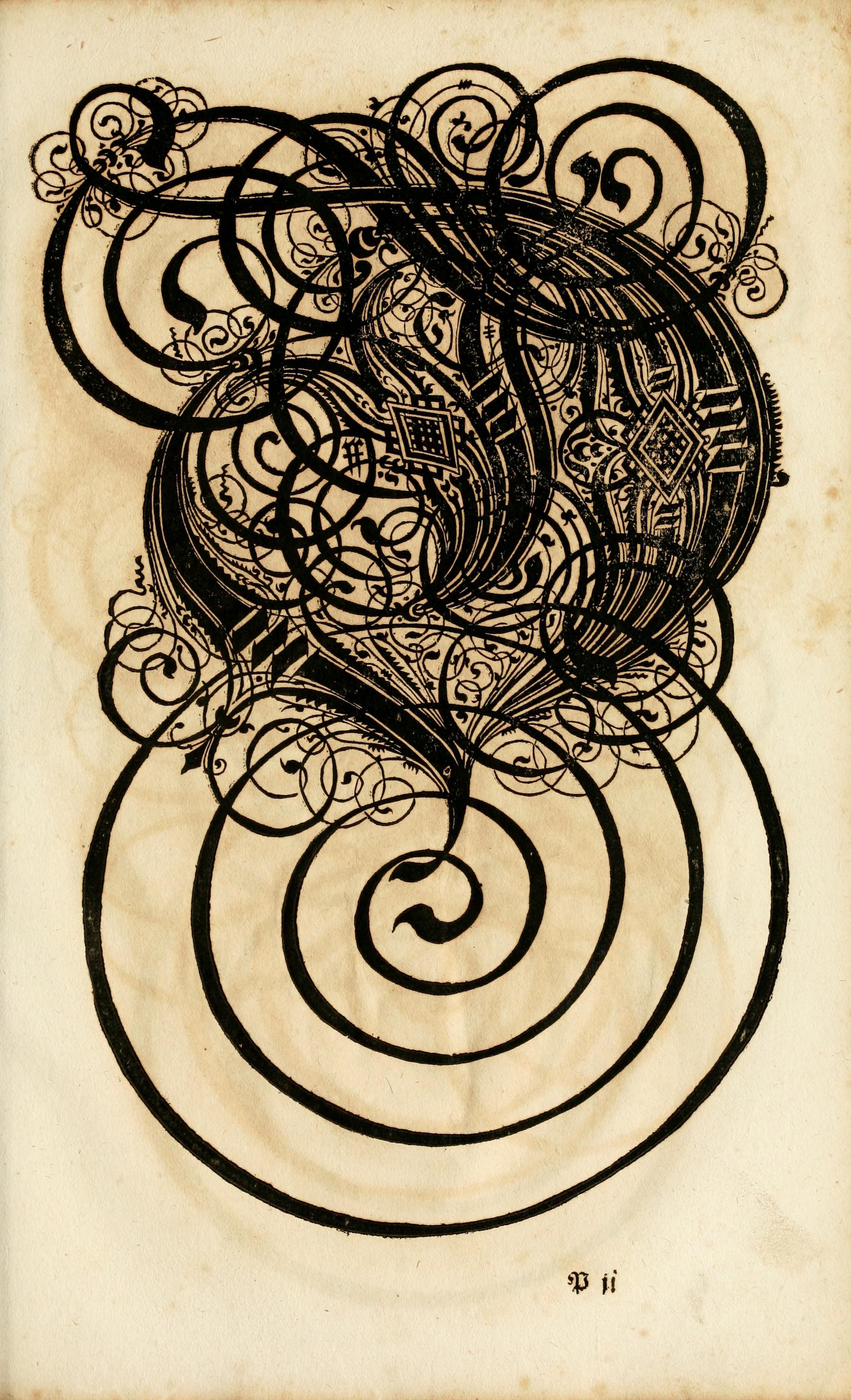 A highly ornate, black and white design reminiscent of an illuminated manuscript or a vintage bookplate.