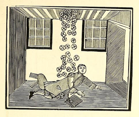 A black and white engraving of a man lying on the floor in a room, being bombarded by circular symbols falling from above.