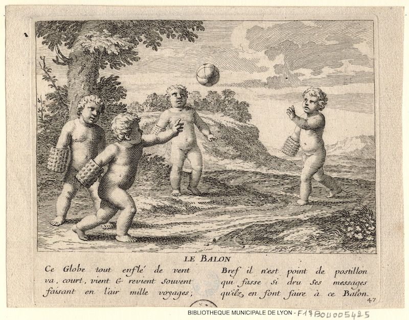 An engraving of three cherubs playing with a ball in a landscape.