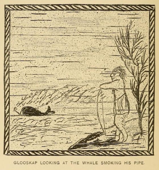 An illustration of a person smoking a pipe while looking at a whale swimming in the water.