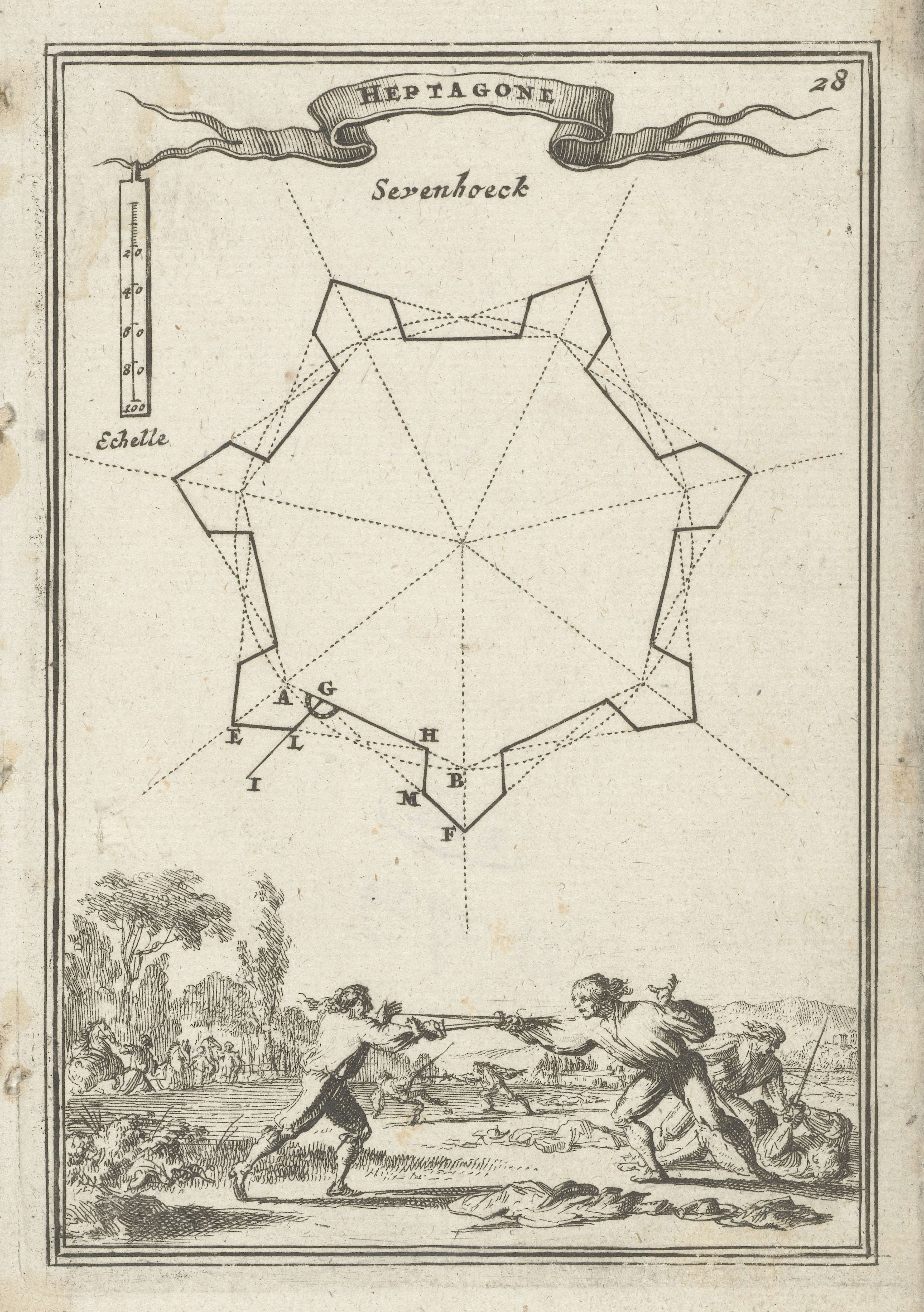 Vintage illustration of a heptagon with a scale and a tug-of-war scene below.