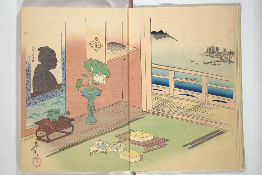 A vintage Japanese woodblock print depicting an interior scene with a silhouetted figure, a flower arrangement, and a view of a landscape through a window.