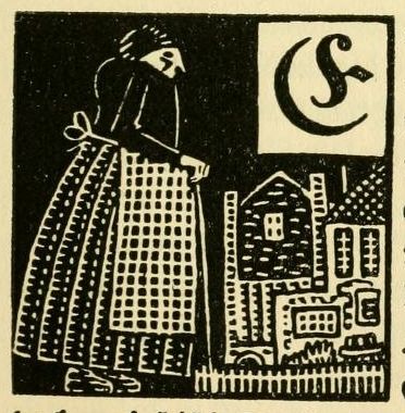 A black and white woodcut illustration of a person in a robe standing before a cityscape, with a stylized symbol in the upper right corner.