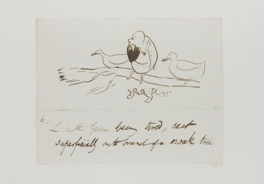 Sepia-toned drawing of three birds perched on a tree branch with handwritten text below.
