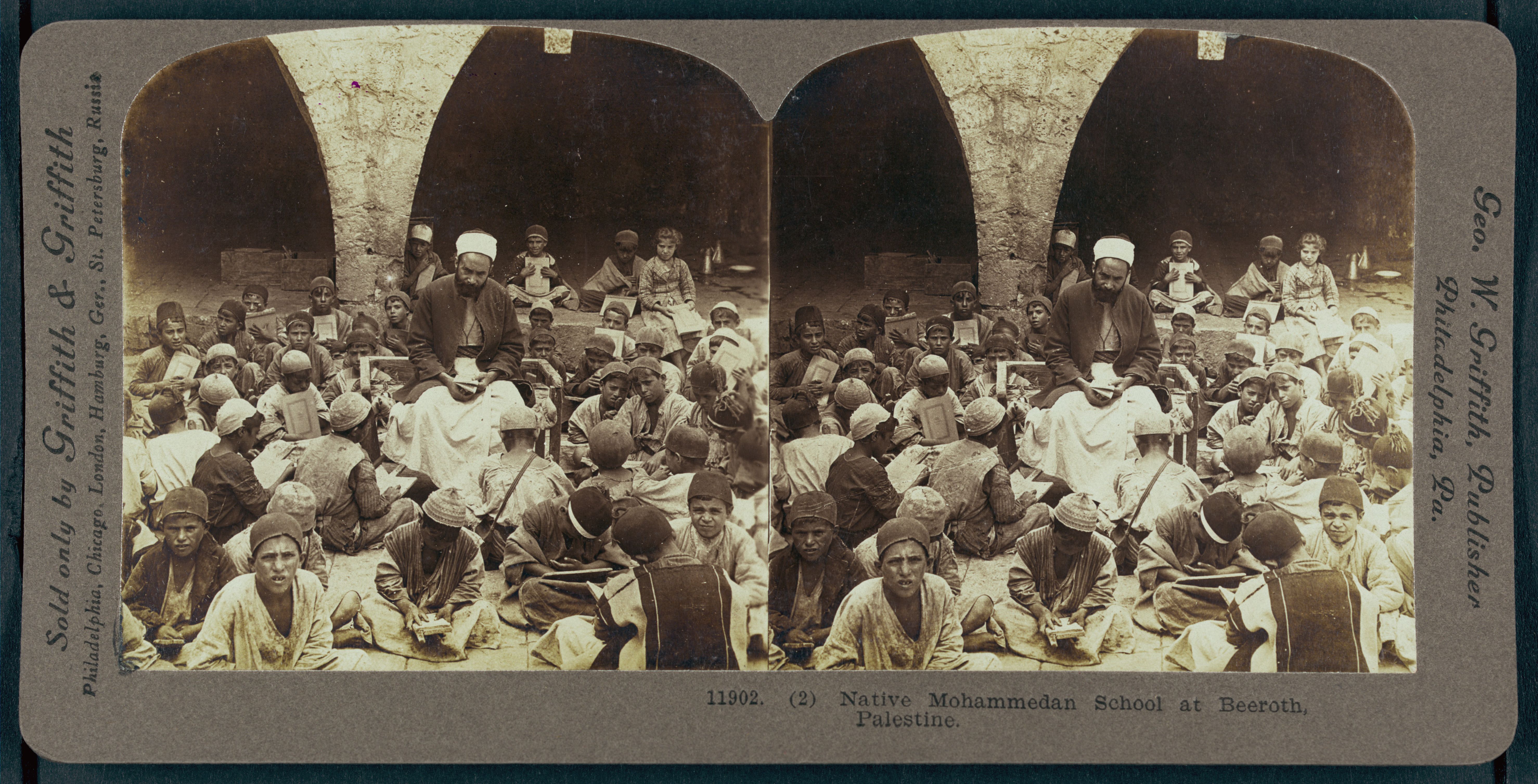 Stereoscope card of a large group of people at a Native Mohammedan School in Beeroth, Palestine.