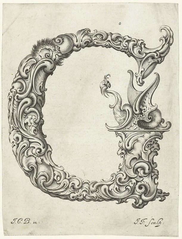 A detailed black and white engraving of a baroque-style 'C' shaped frame adorned with intricate foliage and floral patterns. Signatures are visible at the bottom corners.