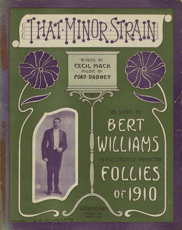 Vintage sheet music cover for "That Minor Strain" featuring a portrait of Bert Williams.