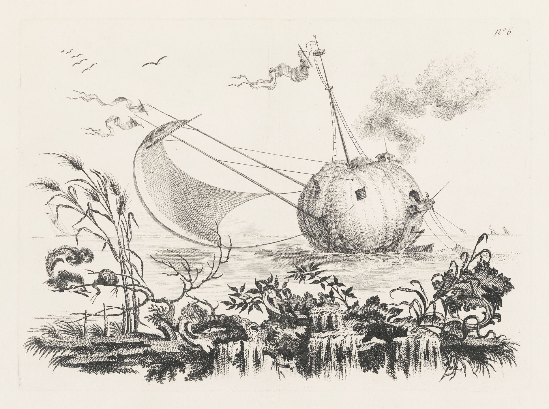 Vintage illustration of a sinking ship with people on the shore and birds flying overhead.