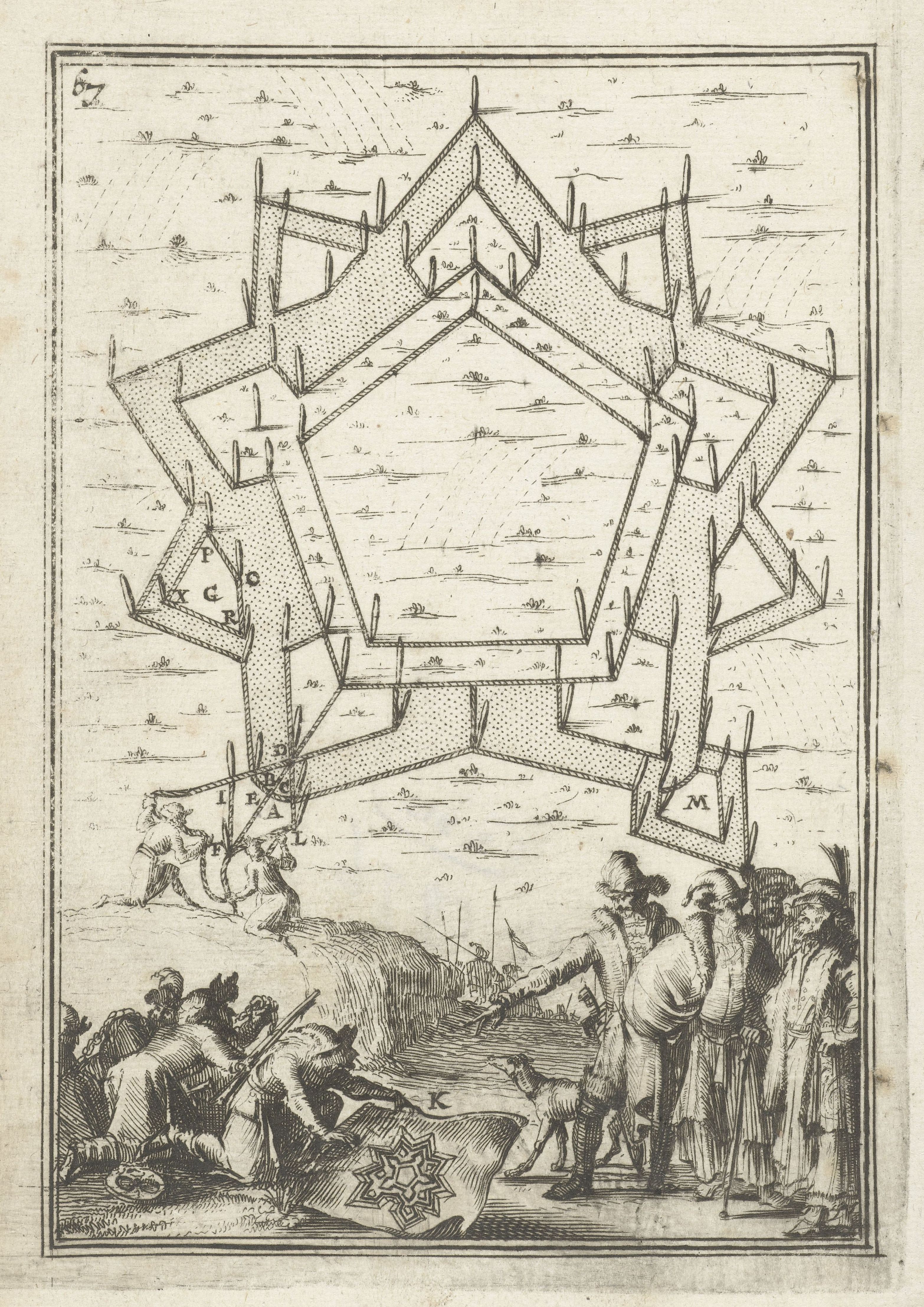 A black and white engraving of a star-shaped fort under attack, with soldiers firing muskets and cannons.