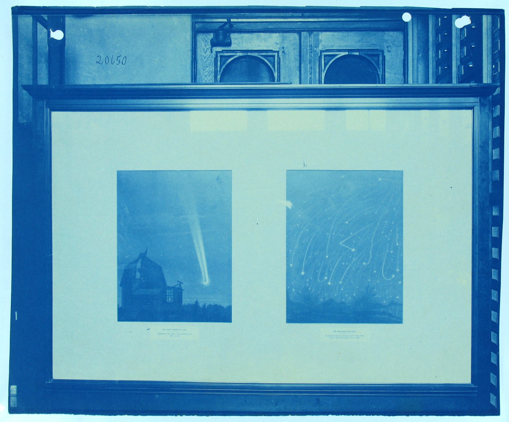 A framed print with two illustrations of comets and stars against night skies, with a number '20650' at the top.