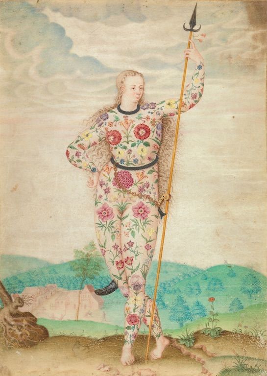 Painting of a person in a floral suit holding a spear in a landscape.
