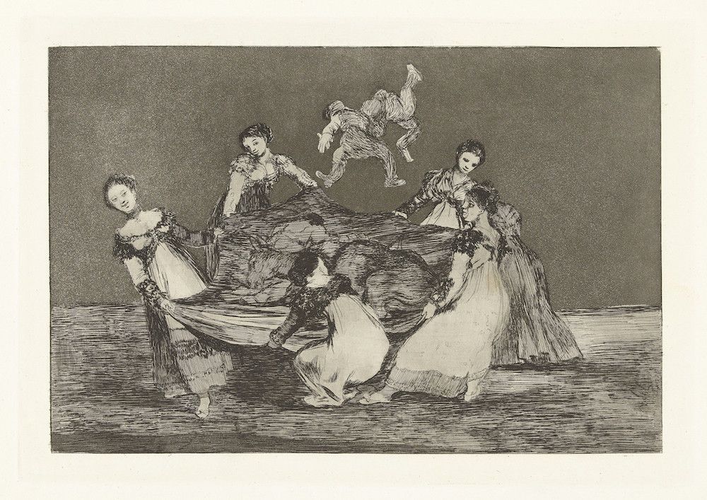 A black and white etching depicting a chaotic scene with women holding up a draped fabric and a man leaping or falling above them.