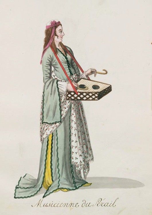 Watercolor painting of a woman dressed as a 'Musician of the Harem', playing a stringed instrument.