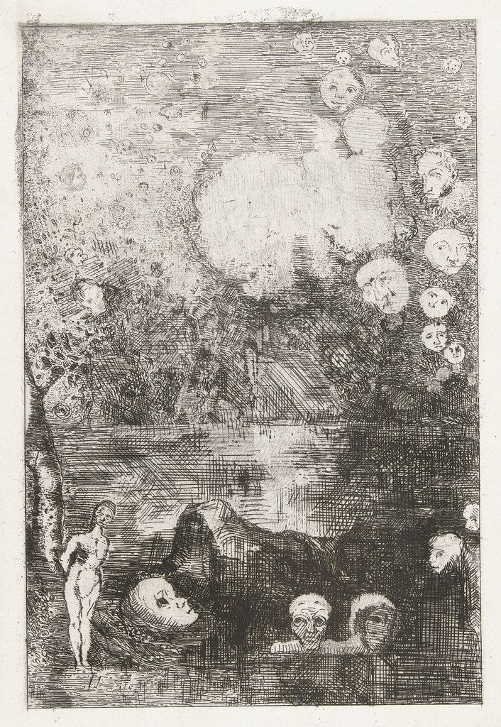A black and white etching depicting a surreal and unsettling scene with numerous faces and figures in a dense landscape.