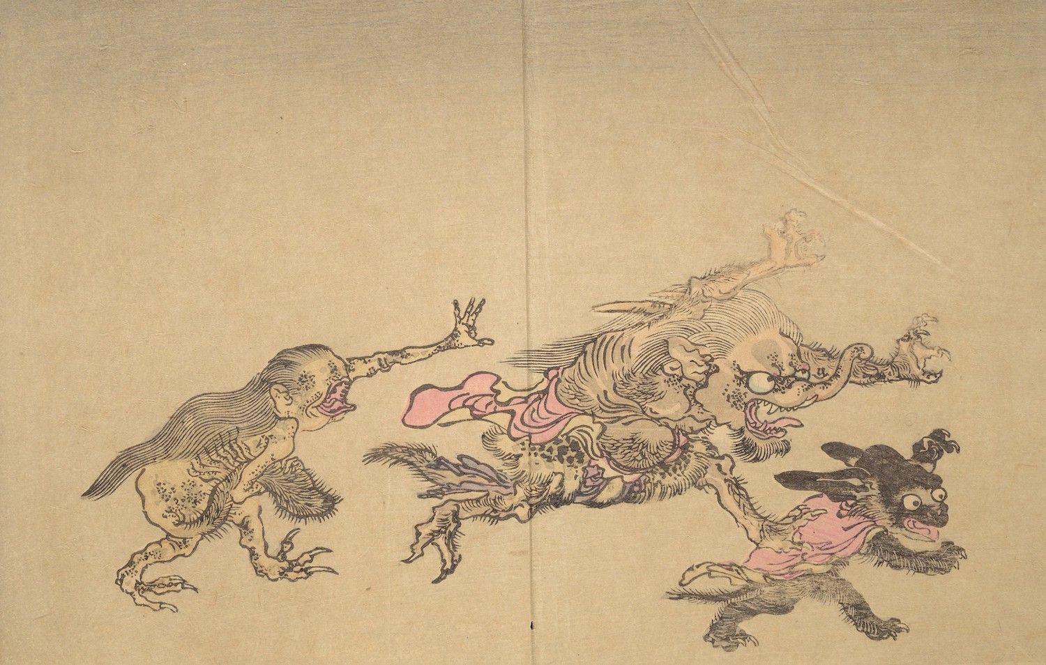 Vintage illustration of three grotesque, mythical creatures in a dynamic arrangement.