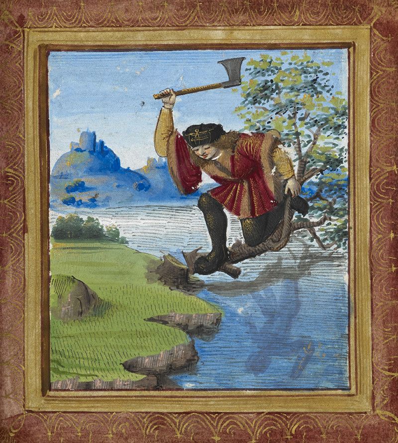 A medieval-style illumination depicting a man swinging an axe at a tree root over water, with a mountain range in the background and an ornate reddish-brown frame.