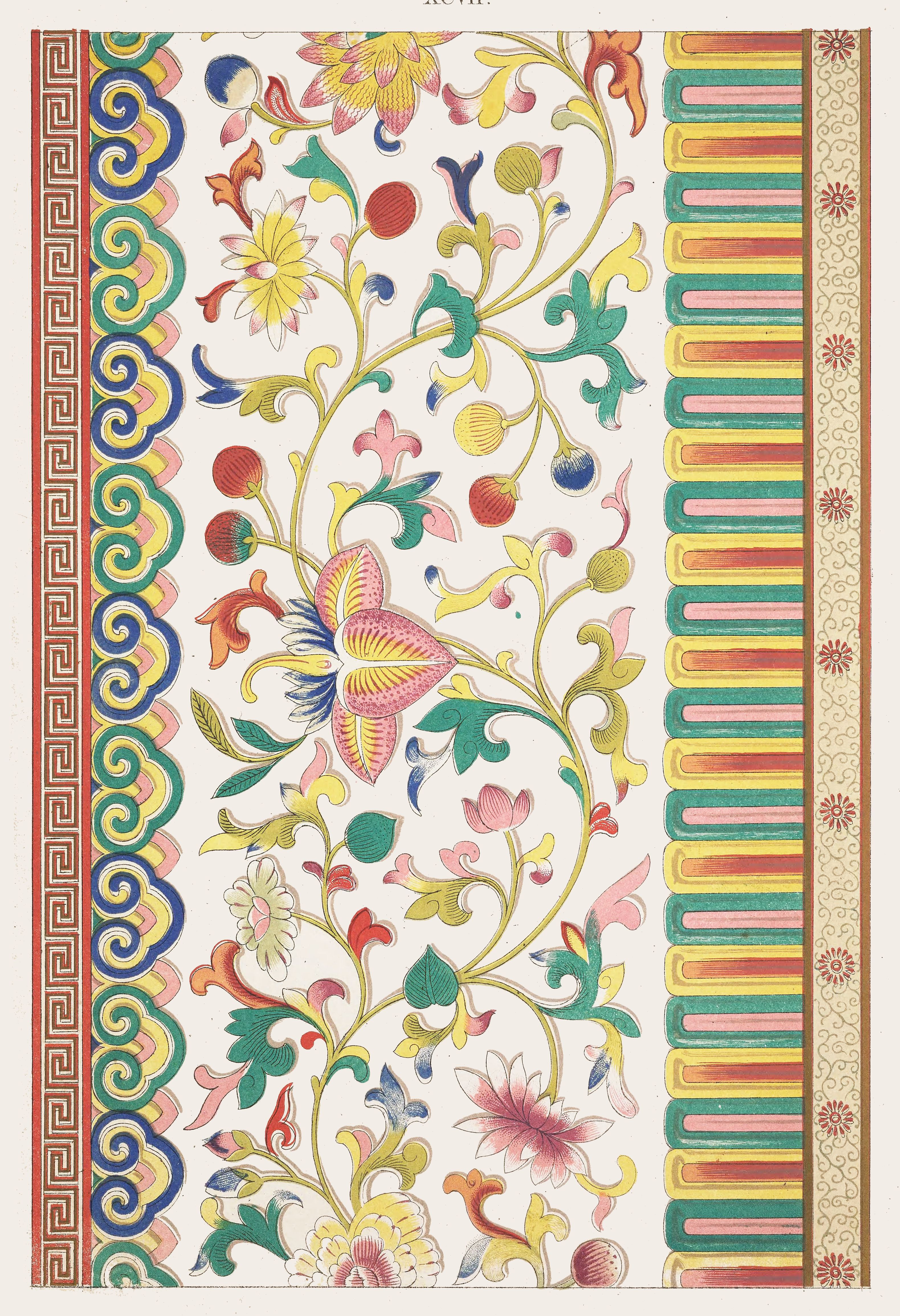 A vintage illustration of a repeating floral pattern with a decorative border and striped accents.