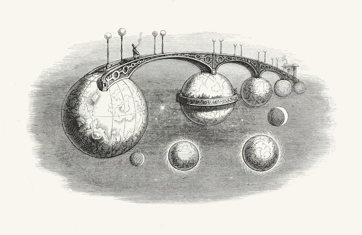 Vintage illustration of a celestial structure with interconnected globes and an ornate bridge.