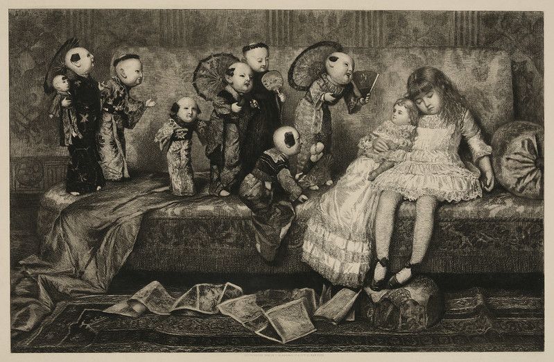 A black and white etching of a young girl surrounded by dolls in a Victorian-era room.
