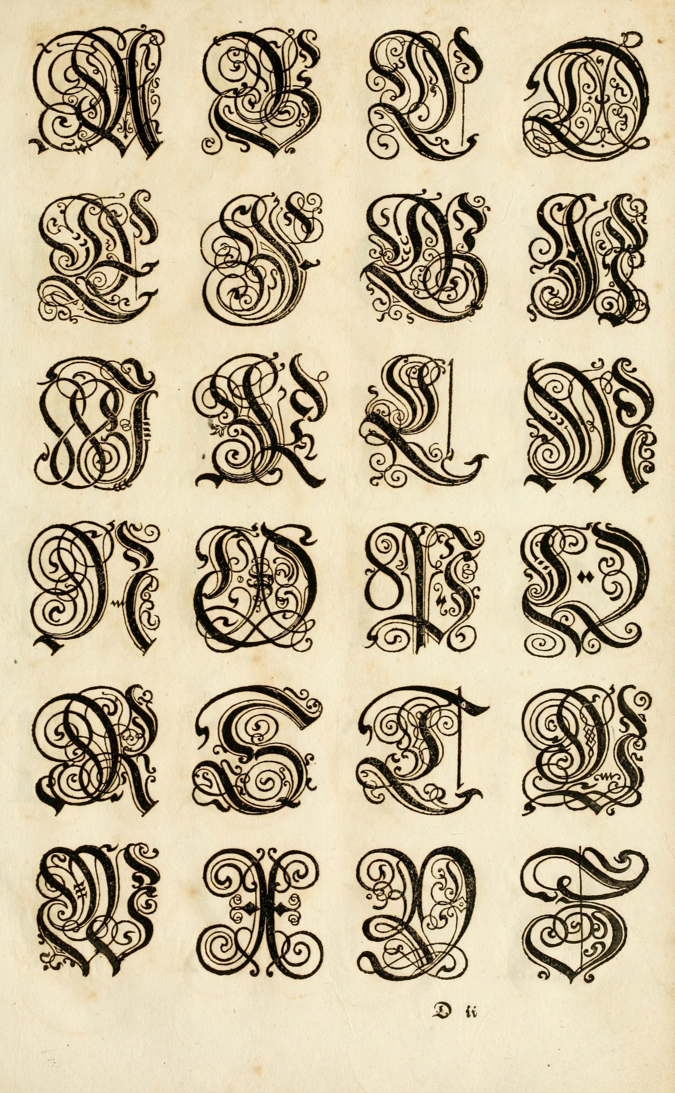 A vintage page filled with ornate, decorative capital letters, all variations of the letter 'D', arranged in a grid-like pattern.
