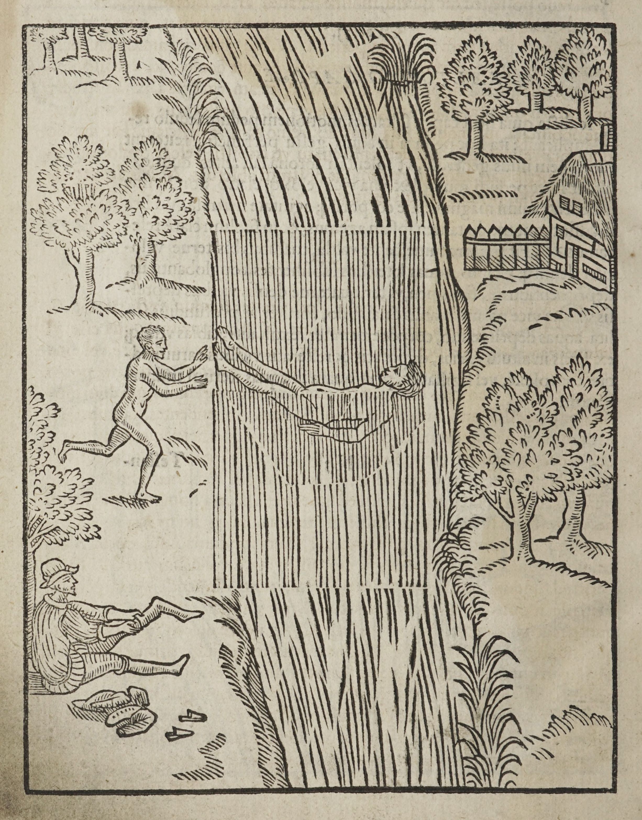 A black and white woodcut illustration depicting a man leaping from a cliff, with another man lying injured below.