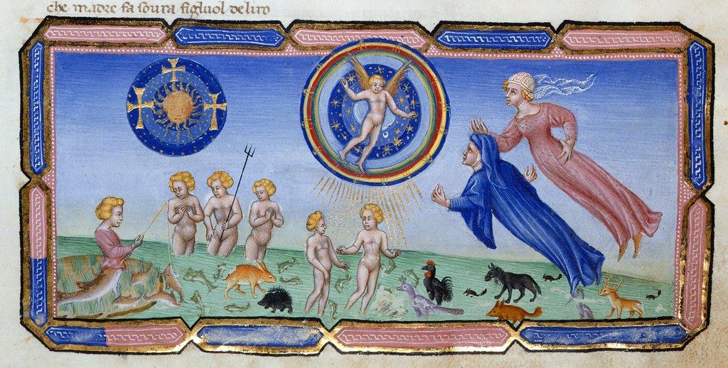 Medieval manuscript illumination depicting a celestial scene with an angelic figure, a kneeling person, and a group of children and animals.