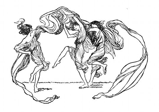 A black and white illustration of three ethereal figures, likely fairies or women, dancing in a circular arrangement. They have long, flowing hair and delicate wings, and are rendered in a delicate, flowing style with intricate linework.