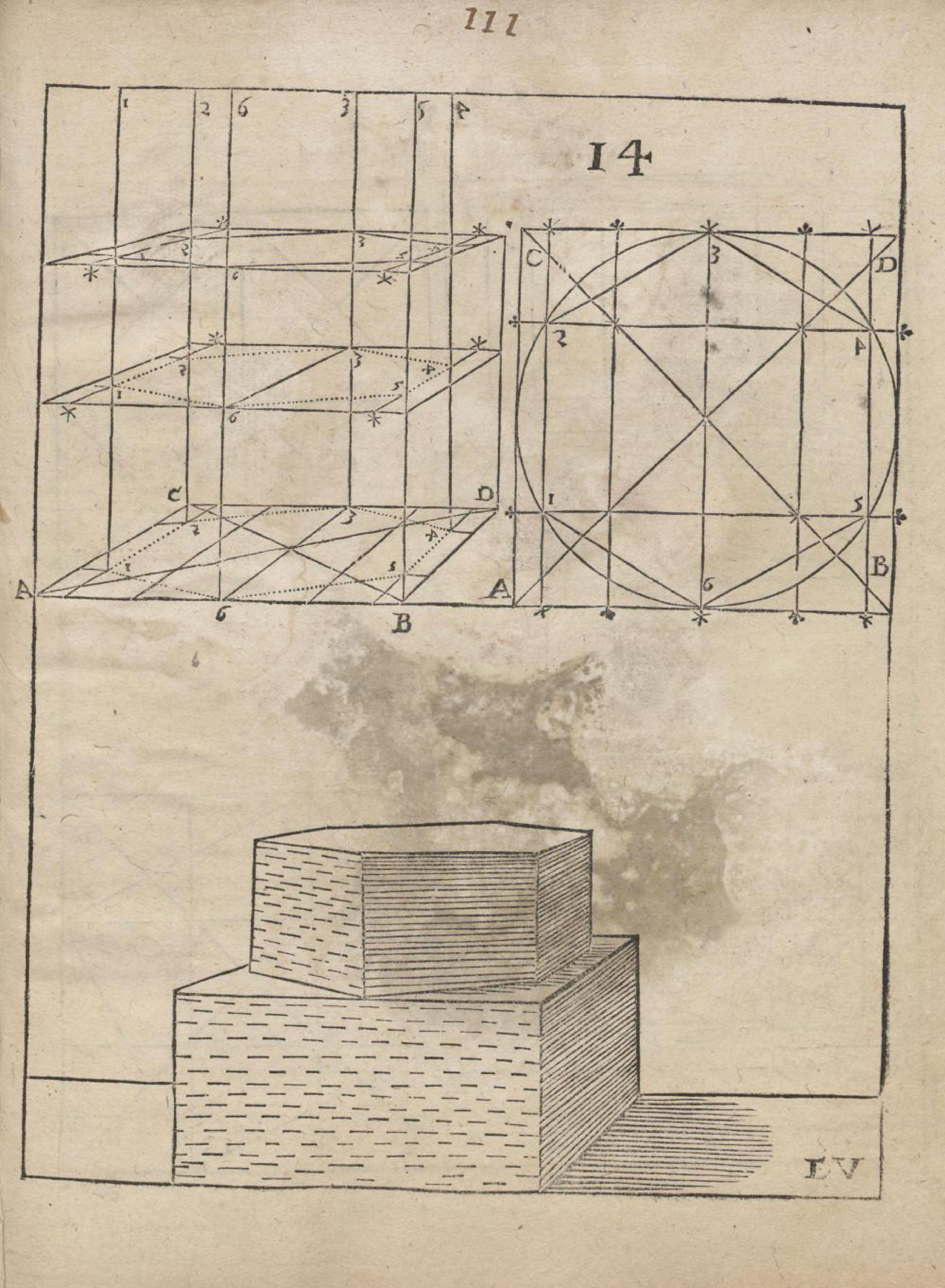 A page from an old book with a complex geometric diagram at the top and a simple illustration of stairs at the bottom.