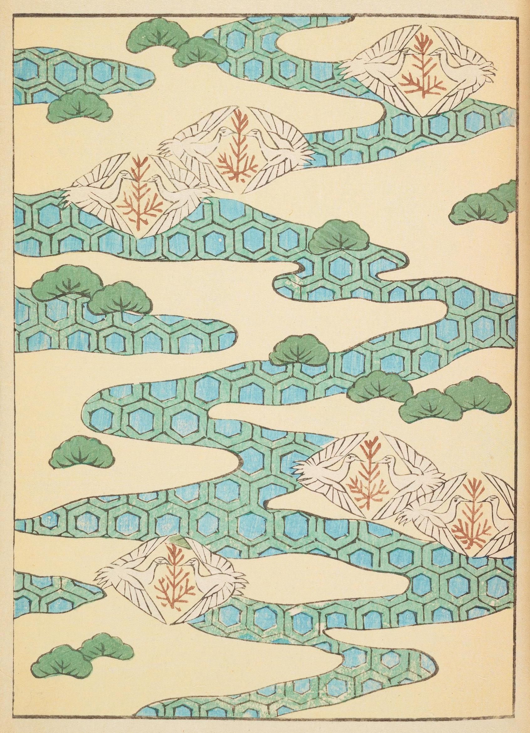Vintage illustration of a geometric landscape with a winding blue river, green bushes, and reddish-brown mountains.