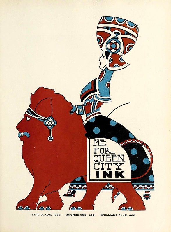 A vintage advertisement featuring a red lion with a patterned sphinx riding on its back, promoting “ME FOR QUEEN CITY INK”. Below are color swatches labeled “FINE BLACK, 1666”, “BRONZE RED, 605”, and “BRILLIANT BLUE, 406”.