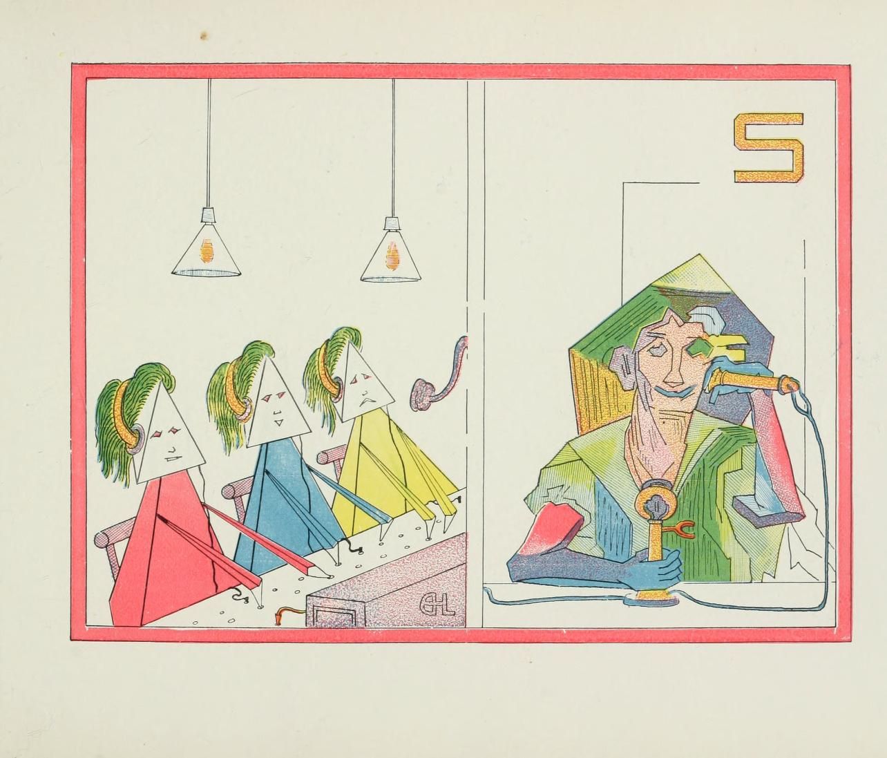 A colorful illustration with geometric shapes and figures. Four triangular figures are seated around a table on the left, while a more detailed figure sits at a table on the right, holding a pipe. Lamps hang above, and an 'S' is visible in the upper right corner.