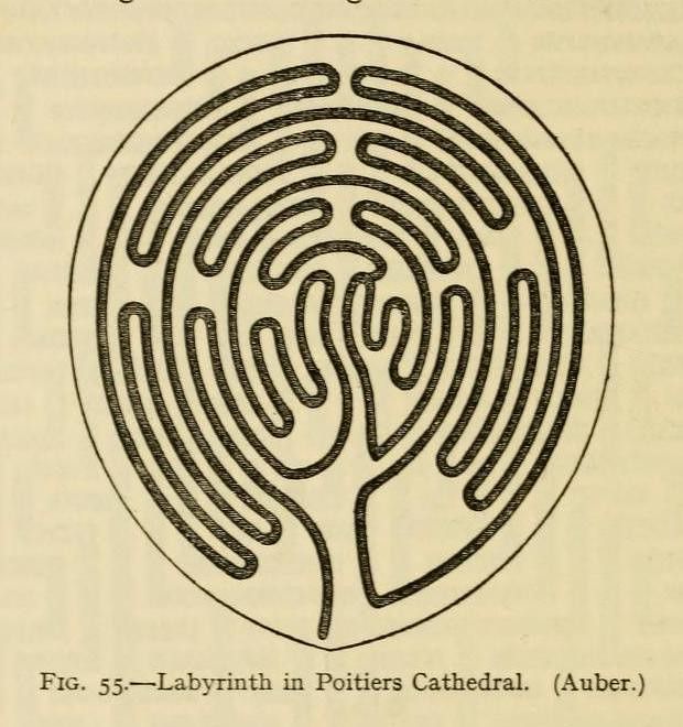 A black and white illustration of a labyrinth found in Poitiers Cathedral. The labyrinth is a circular design with a complex, winding path leading to a central point.