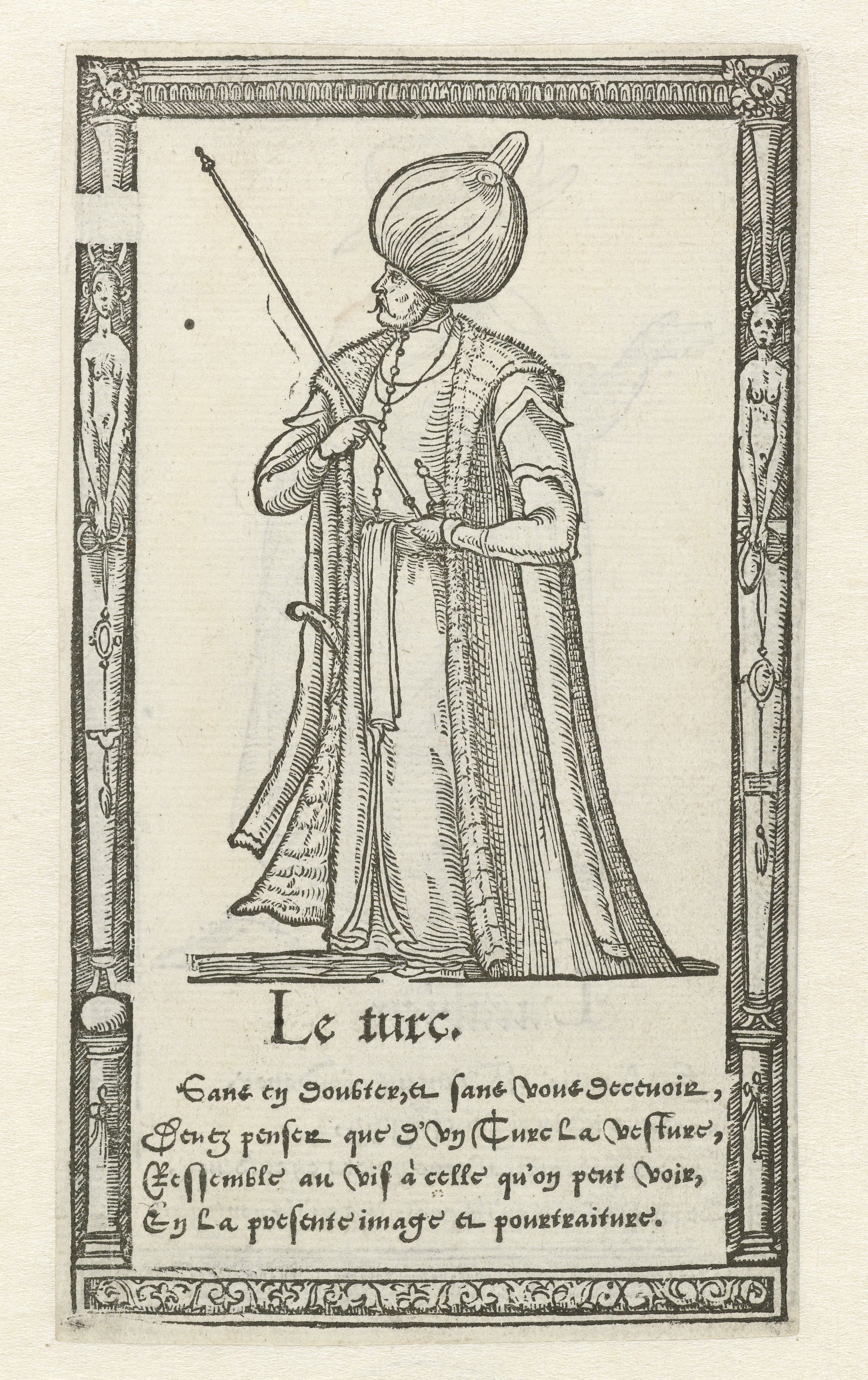 A black and white engraving of a man in Ottoman clothing holding a lance.