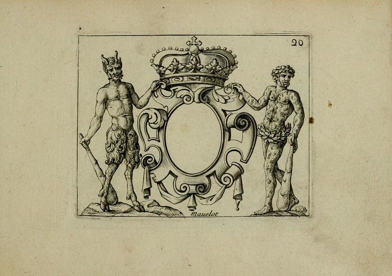 An ornate frame held by a satyr and a man, with a crown at the top and the name 'Manuelot' written below.