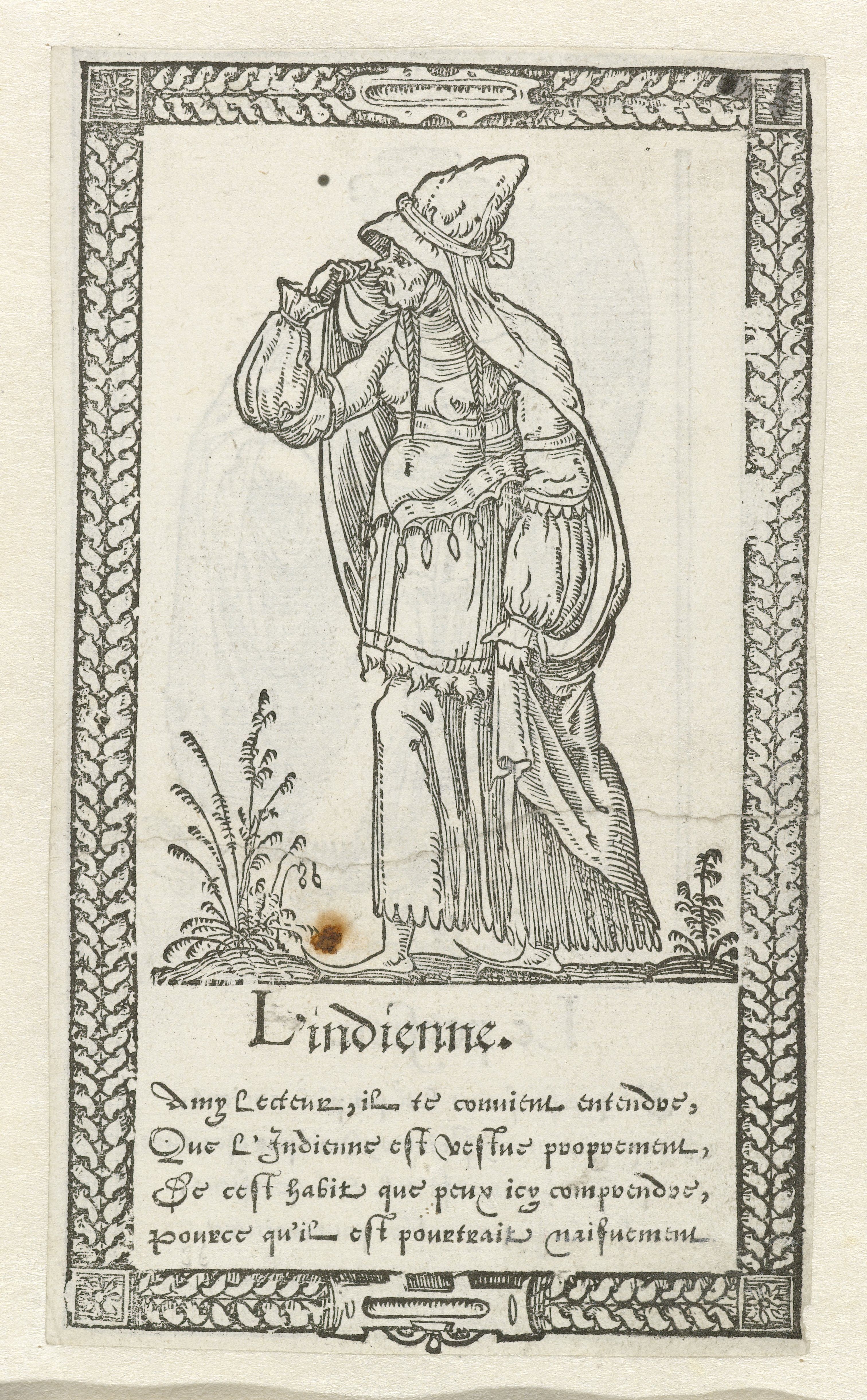 A black and white engraving of a person in historical clothing, standing and holding an object, with plants at the base and text below.
