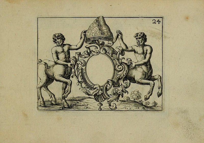 Vintage engraving of two centaurs supporting an ornate frame with a crown on top, set against a simple landscape.