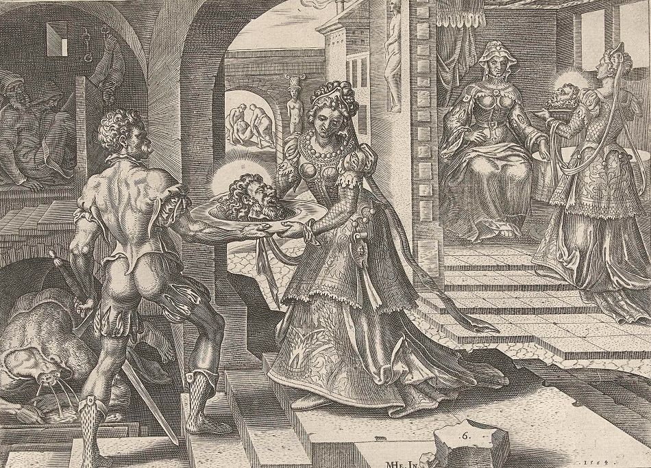 A detailed black and white engraving depicting Salome presenting the head of John the Baptist to Herod in a royal setting.
