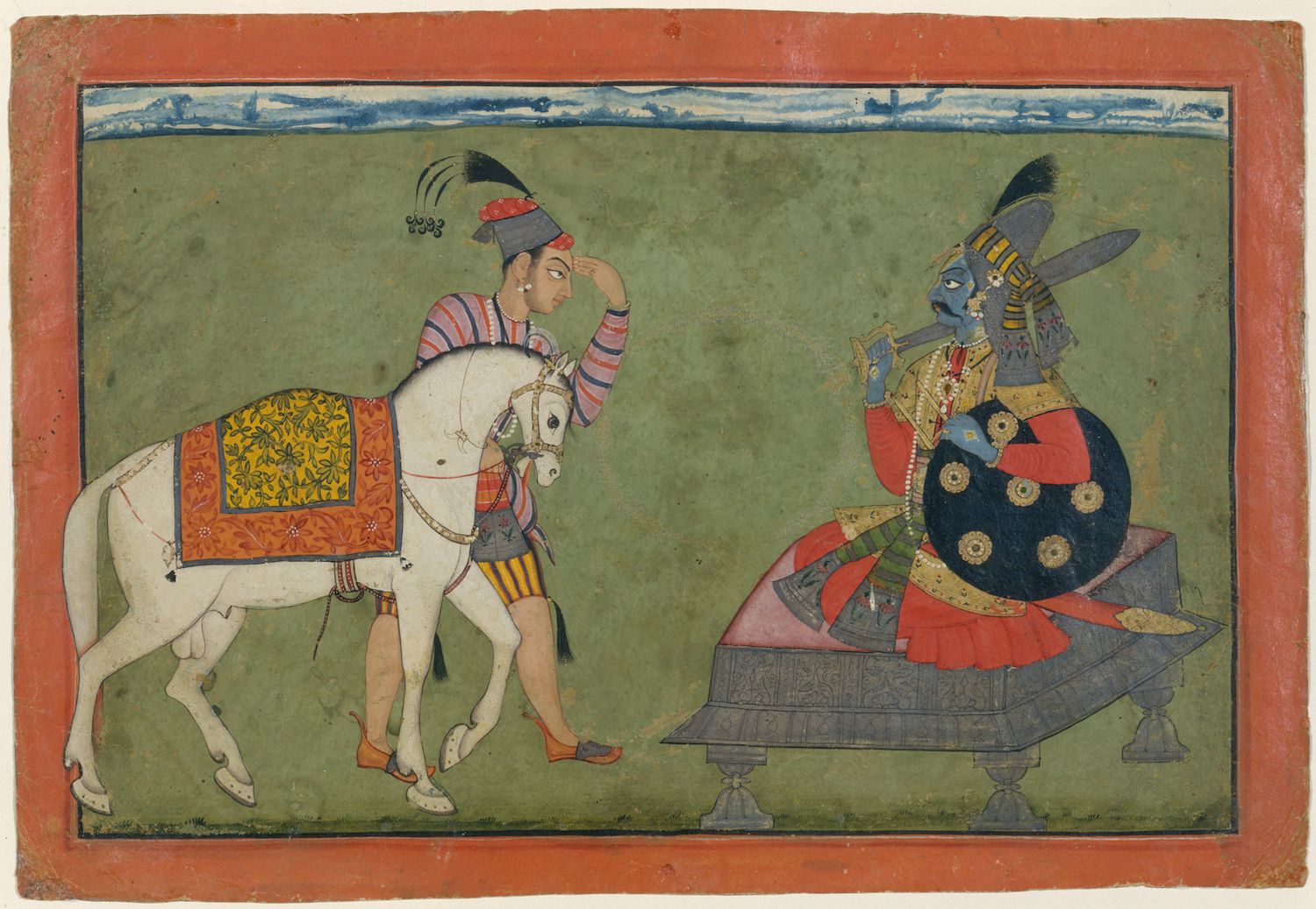 A painting depicting a man on a white horse reaching out towards a blue-skinned figure seated on an ornate vehicle, playing a flute. The background is green, and the painting is framed by a red border.