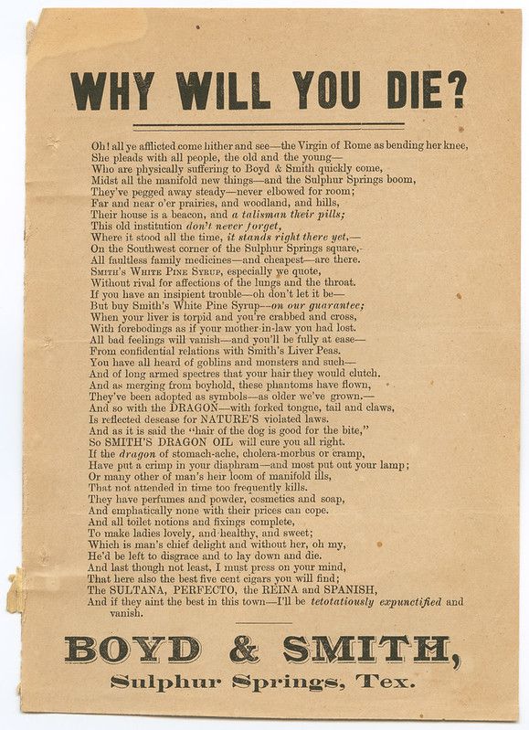 A vintage advertisement poster with dense, ornate text promoting a medicine from Boyd & Smith in Sulphur Springs, Texas.