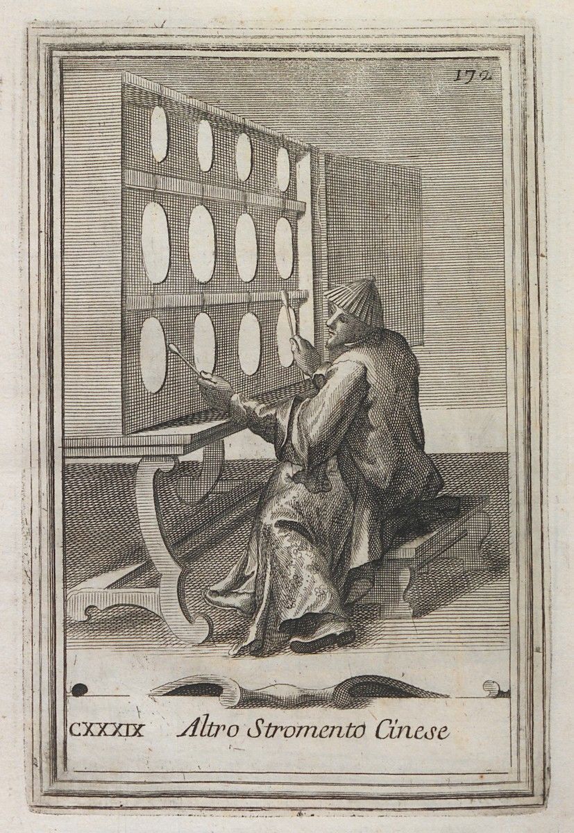 A black and white engraving of a person operating a complex instrument in a room.