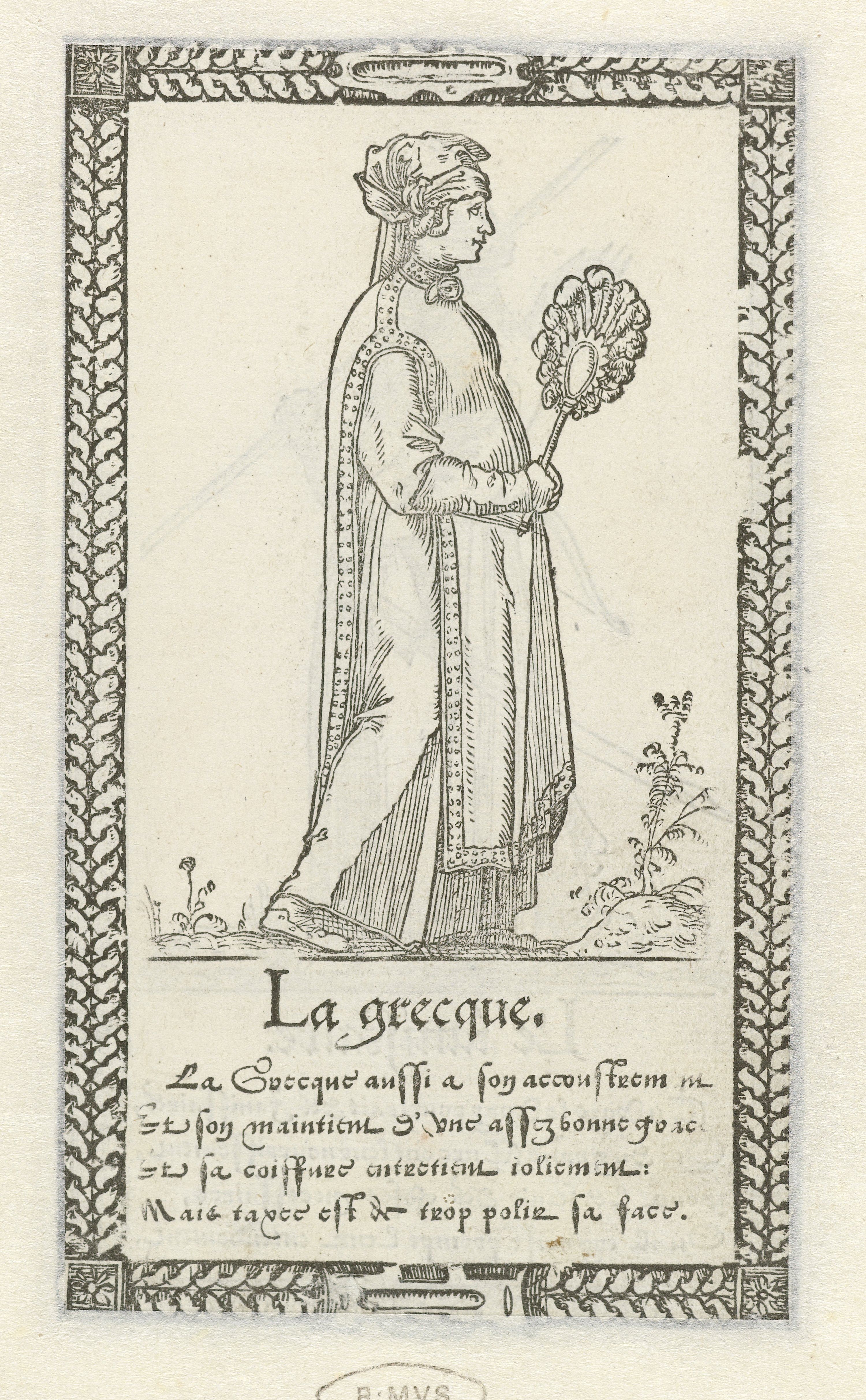 A black and white engraving of a woman in historical attire, holding a fan and standing near a plant, framed by a decorative border with text below.