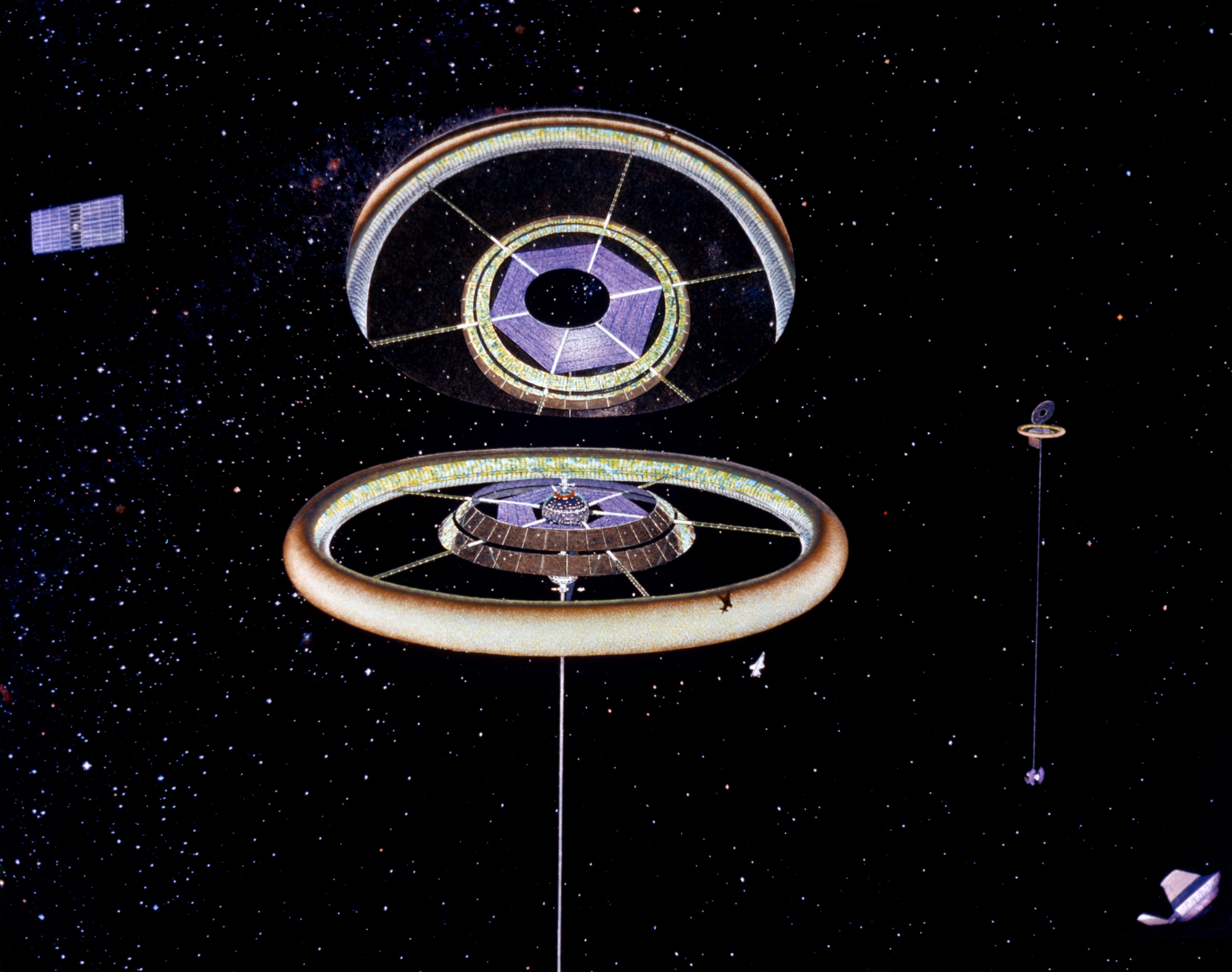 A futuristic space station concept with two large rings, spacecraft, and a star-filled galaxy background.