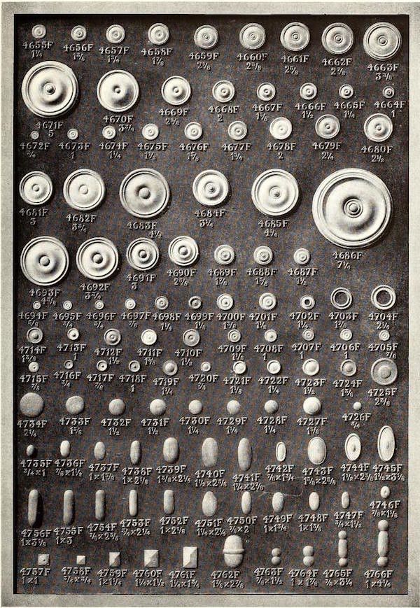 A vintage chart displaying a variety of buttons with corresponding size labels.