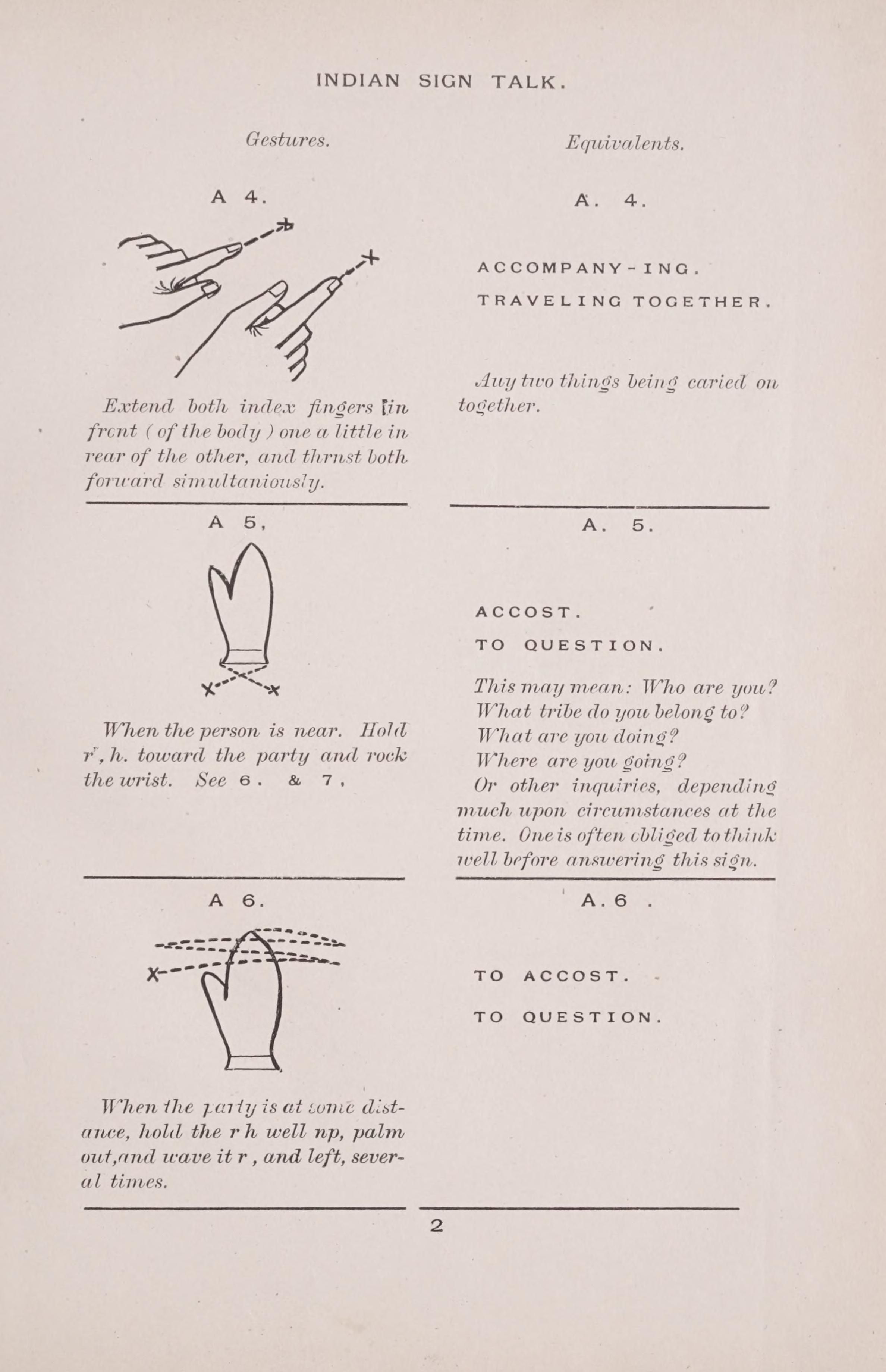 A page from a document titled "INDIAN SIGN TALK" showing illustrations of hand gestures and their meanings.