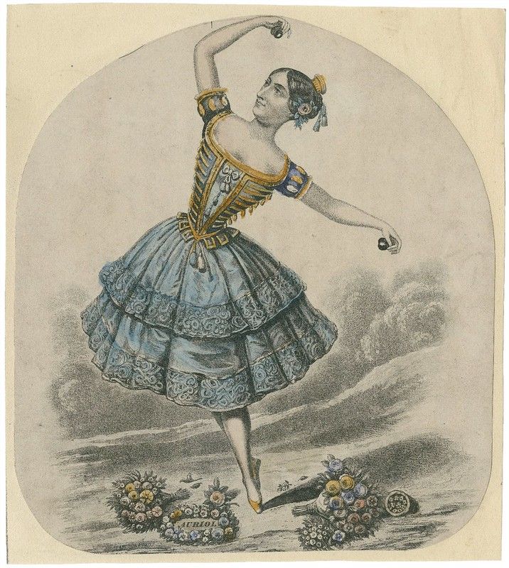 Vintage lithograph of a ballerina in a blue dress performing on stage with floral decorated drums.