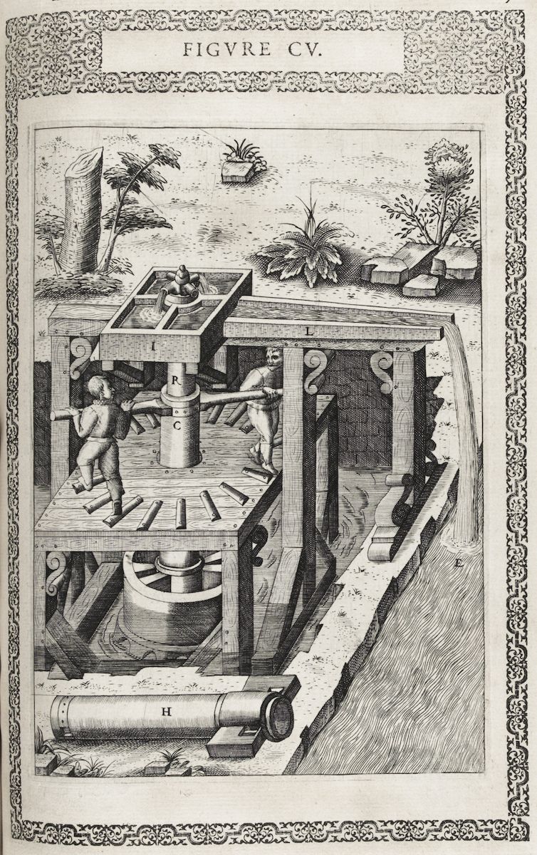 A detailed black and white engraving of a complex water-powered machine with two figures operating it.