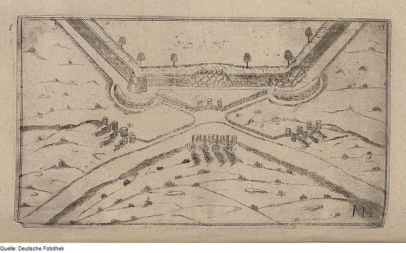 Historical engraving of a fortified city with walls, moats, towers, and surrounding landscape.