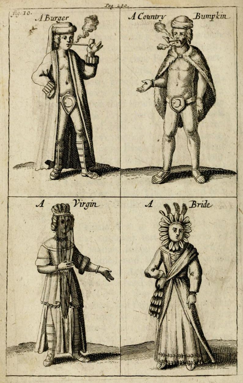 A vintage engraving from a page, featuring four distinct character portraits arranged in a grid. Each portrait is labeled with a character name: 'A Burger', 'A Country Bumpkin', 'A Virgin', and 'A Bride'.