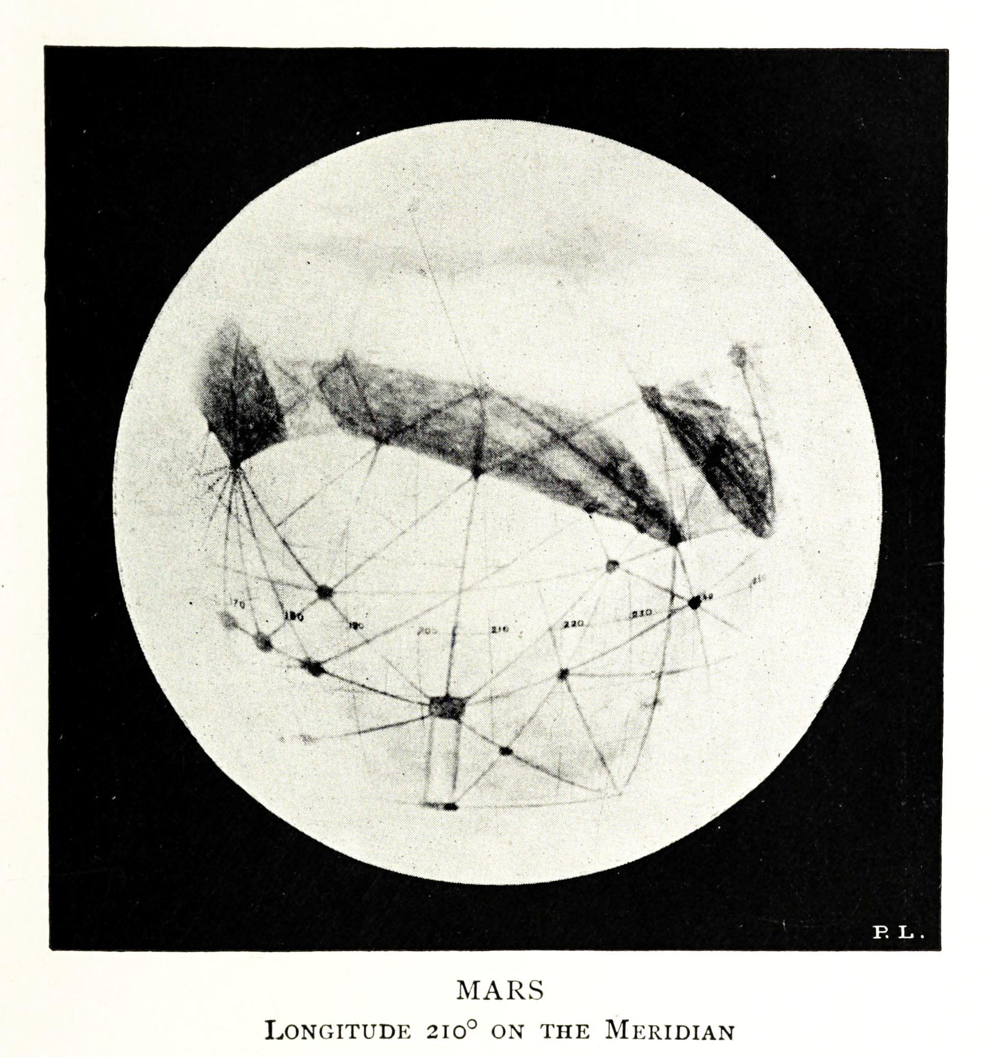 A black and white illustration of the planet Mars with markings indicating longitude degrees and dark, feathery markings scattered across the surface.