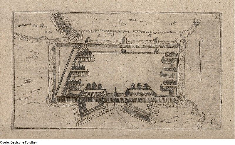 Vintage black and white engraving of a rectangular fort with towers, a gate, a moat, and surrounding landscape.